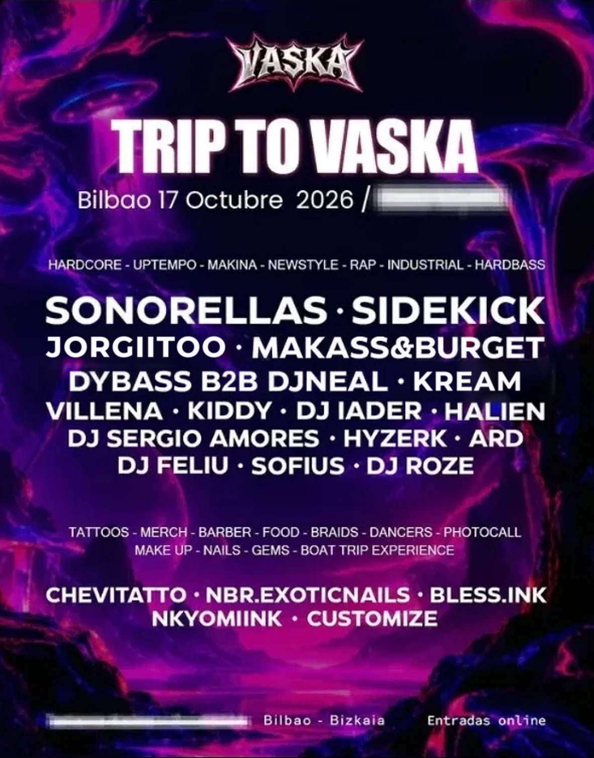 Cartel oficial de TRIP TO VASKA: Sonorellas, Sidekick, Kream, Jorgiitoo, Makass & Burget, Hyzerk, Dybass B2B DJ Neal, Villena, Kiddy, DJ Iader, Halien, DJ Sergio Amores, Ard, DJ Feliu, Sofius, DJ Roze