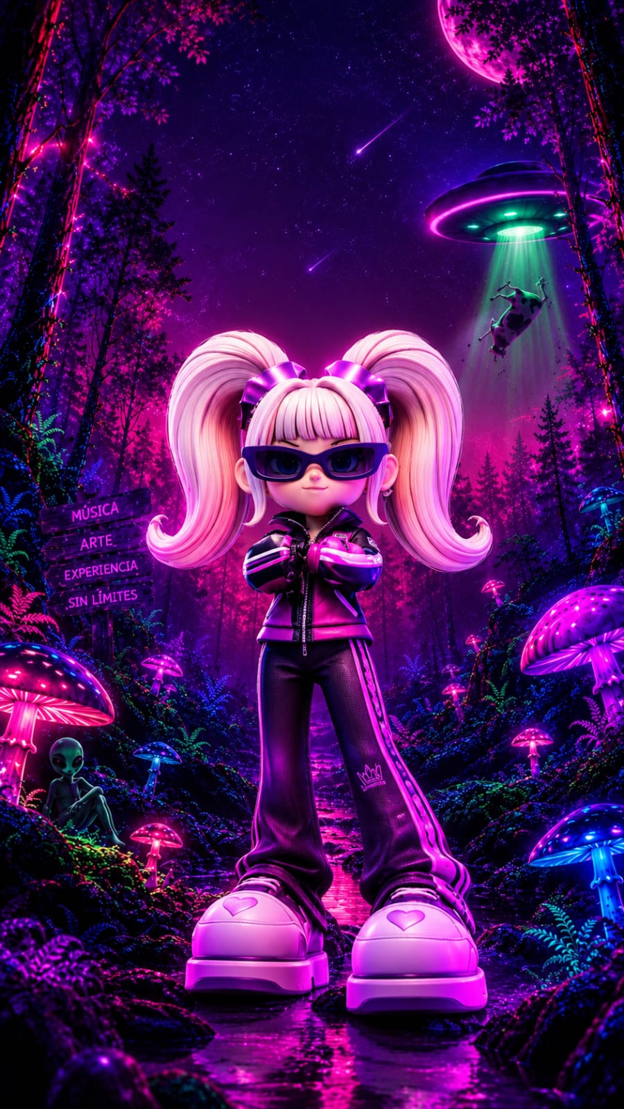 Personaje VASKA en el bosque de neón